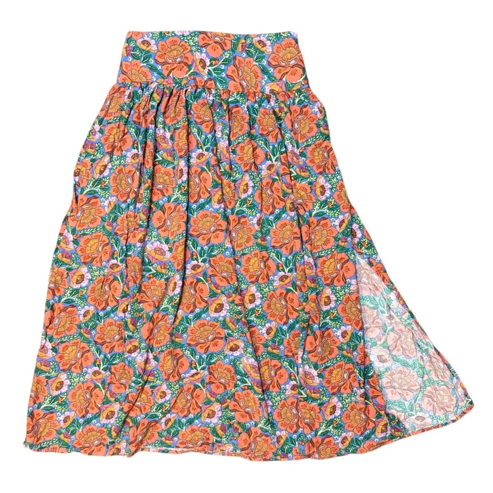 Natural Life Floral Midi Skirt M Blue Orange Smocked Waist Slit Boho Cottagecore - Picture 2 of 8